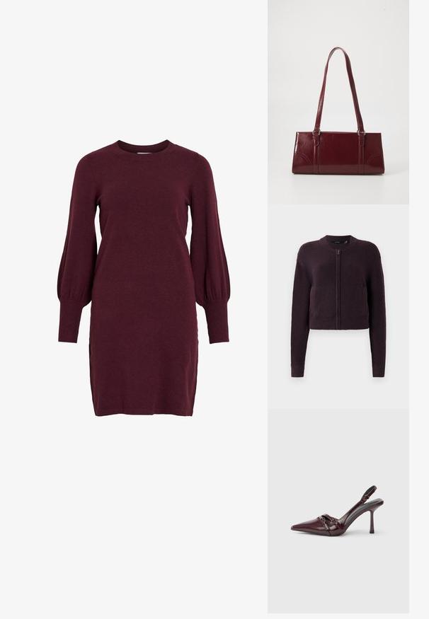 Dunkelviolette, kurz geschnittene Strickjacke mit einem Reißverschluss vorne, langen Ärmeln, gerippten Bündchen, Saum und rundem Halsausschnitt, auf weißem Hintergrund präsentiert.; Burgunderfarbendes Strickkleid mit langen Puffärmeln, Rundhalsausschnitt und gerippten Bündchen. Das Kleid hat eine taillierte Silhouette und seitliche Schlitze am Saum.; Bordeauxroter Slingback-Pumps aus Lackleder mit spitz zulaufender Vorderkappe, dünnem Knöchelriemen und kleiner dekorativer Schnalle. Glatte Textur und hoher Absatz.; Burgunderfarbene Handtasche aus glänzendem Material, rechteckige Form, mit zwei Schulterriemen und subtilen, geschwungenen Akzenten an der Vorderseite.