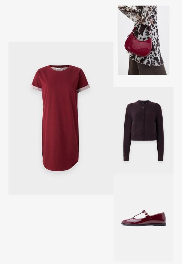 Dunkelviolette, kurz geschnittene Strickjacke mit einem Reißverschluss vorne, langen Ärmeln, gerippten Bündchen, Saum und rundem Halsausschnitt, auf weißem Hintergrund präsentiert.; Burgunder T-Shirt-Kleid aus Baumwolle mit kurzen Ärmeln und grauen gemusterten Akzenten an den Manschetten. Verfügt über einen runden Ausschnitt und einen geraden Schnitt.; Burgunderfarbener Mary-Jane-Slipper aus Lackleder mit Cut-out-Design und einer goldenen Schnallendetail auf dem Riemen, ausgestattet mit einer niedrigen schwarzen Sohle.; Frau trägt eine schwarz-weiß gemusterte Bluse und hält eine glänzende rote Schultertasche vor einem einfarbigen Hintergrund.