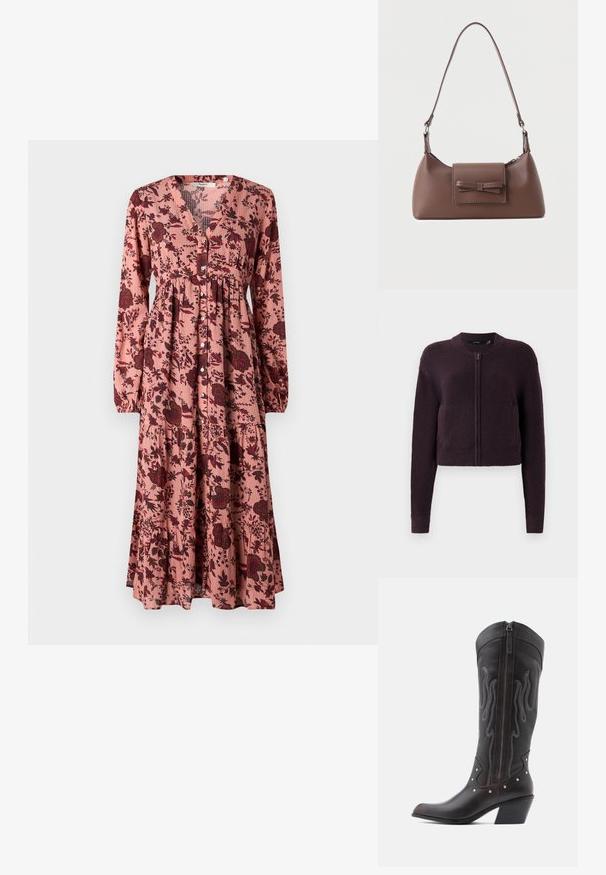 Dunkelviolette, kurz geschnittene Strickjacke mit einem Reißverschluss vorne, langen Ärmeln, gerippten Bündchen, Saum und rundem Halsausschnitt, auf weißem Hintergrund präsentiert.; Rotes Blumendruckkleid mit langen Ärmeln, V-Ausschnitt, gerafftem Taillenbereich, Knopfleiste und mehrlagigem Rock, der rote und dunkelgrüne Akzente aufweist.; Braune Cowboy-Stiefel aus Leder mit Flammenstickerei, seitlichem Reißverschluss, silbernen Nieten, spitzer Zehenpartie und geschichtetem Absatz.; Braune Leder-Umhängetasche mit einer vorderen Klappentasche, die ein gestepptes Schleifendetail und einen verstellbaren Riemen aufweist.