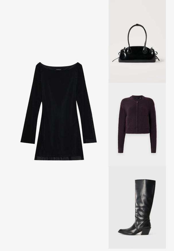 Mørk lilla cropped strikket cardigan med lynlås foran, lange ærmer, ribbede manchetter, kant og rund halsudskæring, vist på hvid baggrund.; Sort langærmet kjole med off-shoulder halsudskæring, glat tekstur og en svævende silhuet. Har gennemsigtige detaljer ved kanten.; Sorte læder knæhøje støvler med spids tå, vinklet hæl og glat tekstur. Funktioner en subtil syning langs siden.; Lille sort blank håndtaske med to lange håndtag og snøre-detaljer i siden på en ensfarvet lys baggrund.