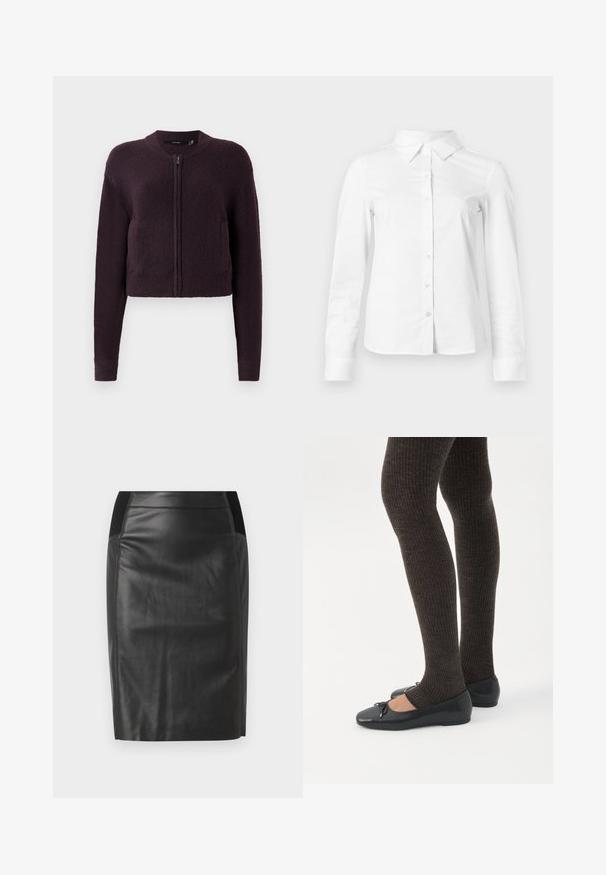 Dunkelviolette, kurz geschnittene Strickjacke mit einem Reißverschluss vorne, langen Ärmeln, gerippten Bündchen, Saum und rundem Halsausschnitt, auf weißem Hintergrund präsentiert.; Weißes langärmeliges Hemd mit spitzem Kragen, geradem Saum und taillierter Silhouette, auf hellem, einfarbigem Hintergrund dargestellt.; Schwarzer Leder-Bleistiftrock mit einer taillierten Passform, glatter Textur und elastischen Taillenbund-Akzenten an beiden Seiten. Flacher Saum am unteren Ende.; Beine in dunklen, gerippten Leggings kombiniert mit schwarzen Ballerinas mit kleinen Schleifendetails auf weißem Hintergrund.