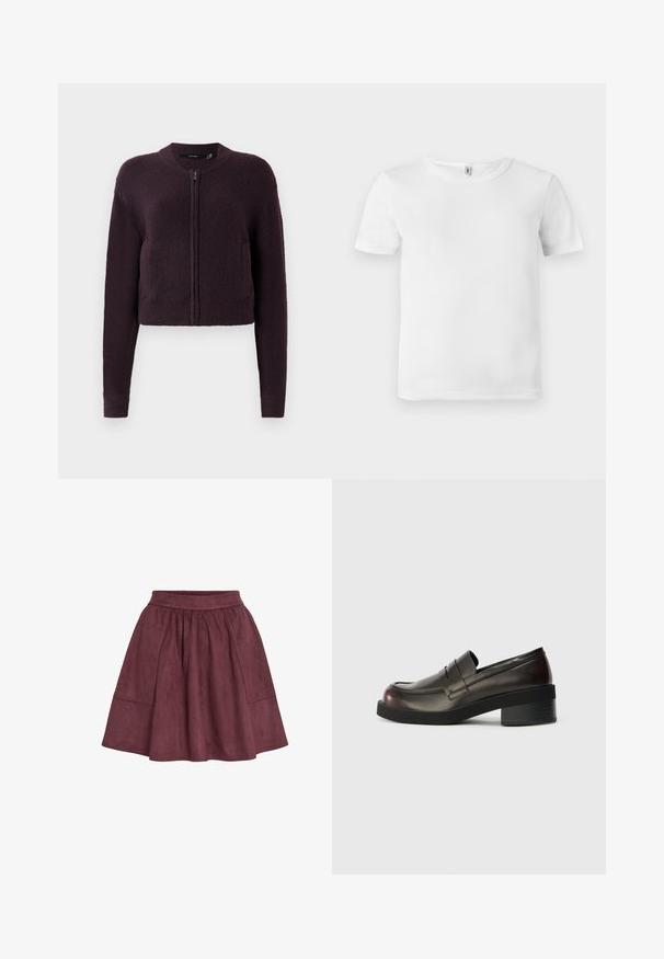 Cardigan en maille cropped violet foncé avec zip frontal, manches longues, poignets et ourlet côtelés, et col rond, présenté sur fond blanc.; T-shirt blanc à manches courtes avec une texture côtelée. Encolure classique, sans logos ni motifs visibles, et un design simple et épuré.; Jupe en daim bordeaux avec une forme évasée, une taille élastique et deux poches latérales, présentant une texture douce et un design minimaliste.; Mocassins en cuir marron foncé avec un bout arrondi, des détails cousus et un talon bloc modéré. Texture lisse, design minimaliste.