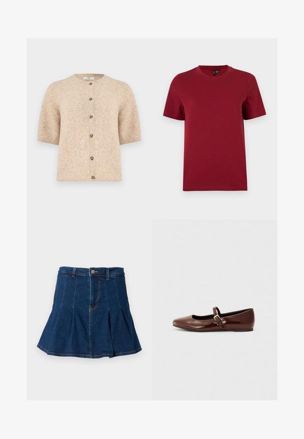 Beige korte mouwen vest met ronde hals en zes gemarmerde knopen aan de voorkant, gemaakt van zachte gebreide stof.; Effen donkerrode T-shirt met korte mouwen en ronde hals, plat weergegeven tegen een lichte achtergrond.; Donkerblauwe denim rok met een geplooid ontwerp, vijf zakken, een sluiting met een knoop aan de voorkant en contrasterende stiksels.; Bruine gepatineerde leren balletschoen met een vierkante neus en een bandje met een kleine gouden gesp. Gladde textuur, lage hak en minimalistisch ontwerp.