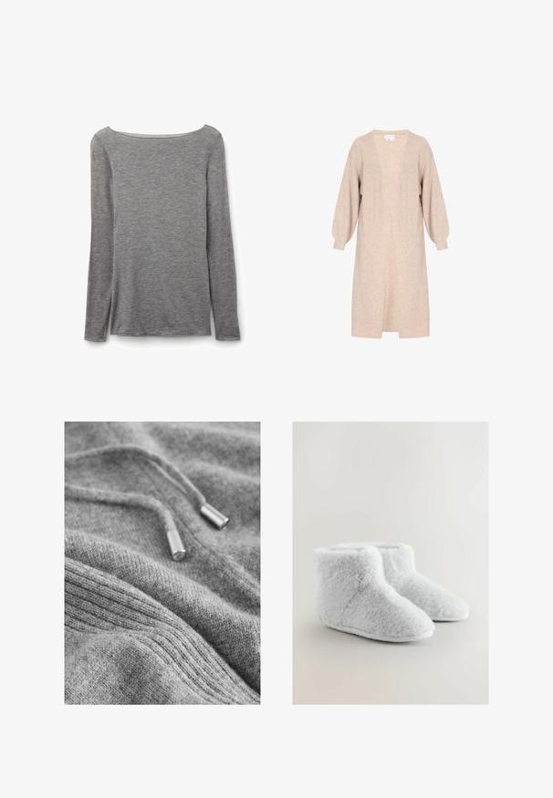 Langer, beiger Cardigan aus strukturiertem Strickstoff. Mit tiefem V-Ausschnitt, offener Front und leicht gepufften langen Ärmeln.; Graues, eng anliegendes Langarmshirt mit weitem Boot-Ausschnitt, aus weichem, leichtem Strickstoff.; Grau gestrickter Sweatshirtstoff mit weicher Textur, ausgestattet mit einem Kordelzug mit metallischen Endkappen und gerippten Details.; Graue Stiefeletten aus Kunstfell mit weicher Textur, rundem Zehenbereich und einer weißen Gummisohle. Das Design ist einfach und gemütlich.