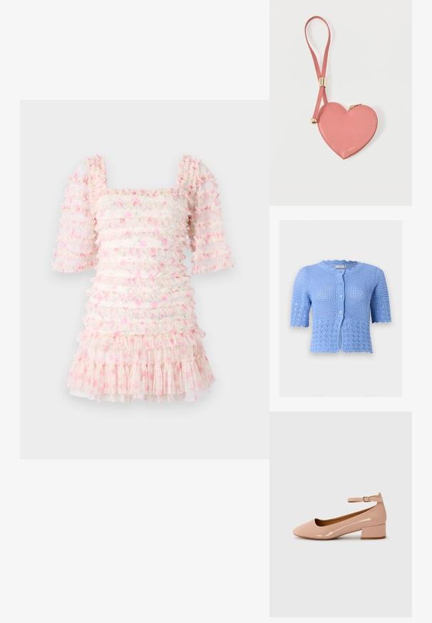 Cárdigan de croché azul claro de manga corta con bordes ondulados y botones delanteros, con patrones intrincados de punto abierto.; Vestido con volantes que presenta un escote cuadrado y mangas abullonadas, hecho de una tela transparente con patrones florales en rosa y volantes en la parte inferior.; Zapatilla plana de charol rosa con punta redondeada, tira al tobillo y tacón bajo. Textura suave y diseño minimalista.; Monedero de cuero rosa en forma de corazón con correa para la muñeca y cremallera dorada, con la marca "Furla" en pequeño texto dorado.