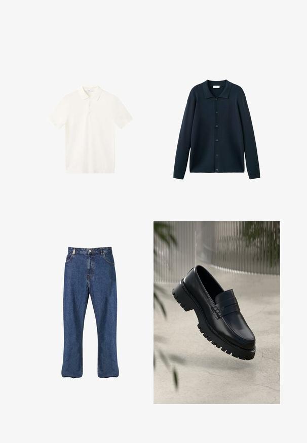 Cardigan boutonné à manches longues bleu marine foncé avec un col pointu, présenté à plat sur un fond blanc.; Polo blanc à manches courtes avec col et patte à trois boutons, présenté sur un fond blanc uni.; Jean en denim bleu foncé, présentant une coupe droite, un style classique à cinq poches et des coutures visibles le long des coutures.; Mocassins en cuir noir avec une semelle à crampons épaisse, dotés d'une sangle décorative et de détails de couture. Texture lisse avec une finition polie.