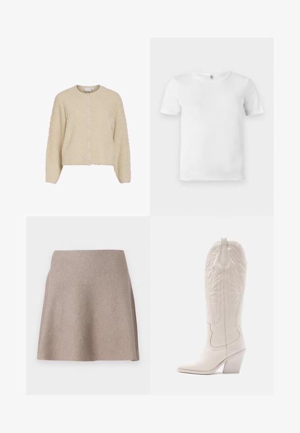 Beige, struktureret cardigan med rund hals og knaplukning, lavet af blødt, fuzzy stof og med ribbede manchetter. Korthofte design.; Hvid kortærmet t-shirt med ribbet tekstur. Klassisk crew neckline, ingen synlige logoer eller mønstre, og et simpelt, rent design.; En beige, flagrende nederdel lavet af blødt stof med en glat tekstur og en ren kant. Enkel design uden synlige mønstre eller udsmykninger.; Hvide læder cowboystøvler med spidse tæer og blokhæle. Har intrikate syninger på skaftet og en glat tekstur.