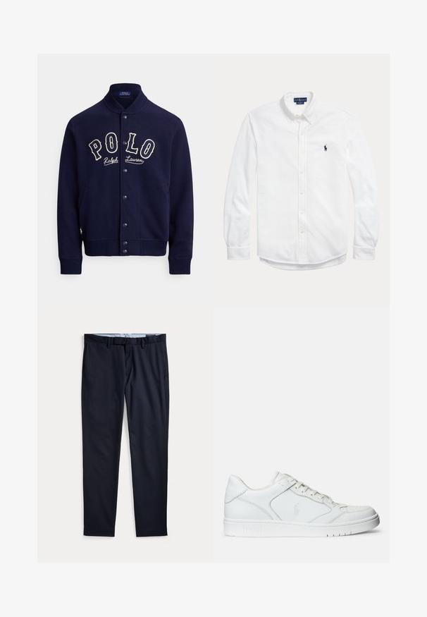 Donkerblauwe sweatvest in een zachte stof, met een opstaande kraag, knopen aan de voorkant en een contrasterend wit geborduurd "POLO"-logo.; Wit overhemd met lange mouwen, knopen, button-down kraag en klein donker Polo Ralph Lauren-logo op de linkerborst.; Donkerblauwe herenkleedbroek met ceintuurlussen, ritssluiting en zijzakken, plat gelegd op een witte achtergrond.; Witte leren sneaker met een gladde textuur, voorzien van een geperforeerde neus, vetersluiting en geborduurde logo aan de zijkant. Witte rubberen zool.