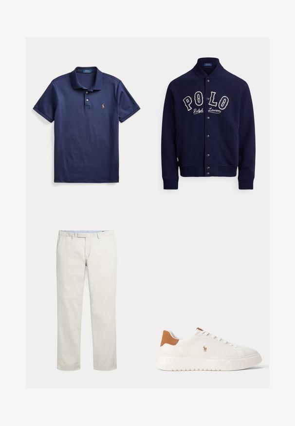 Marineblaue Sweatshirtjacke aus einem weichen Stoff, mit Stehkragen, Frontknöpfen und kontrastierendem weißen, besticktem "POLO"-Logo.; Marineblaues Polohemd mit kurzen Ärmeln, zwei Knöpfen und kleinem besticktem Logo auf der linken Brust.; Cremefarbene gerade geschnittene Hosen mit Gürtelschlaufen und verdecktem vorne liegenden Verschluss auf einfarbigem Hintergrund.; Weißer Sneaker mit niedrigem Schaft, beige Fersenlasche, weißen Schnürsenkeln und kleinem, besticktem Polospieler-Logo an der Seite über einer dicken Sohle.