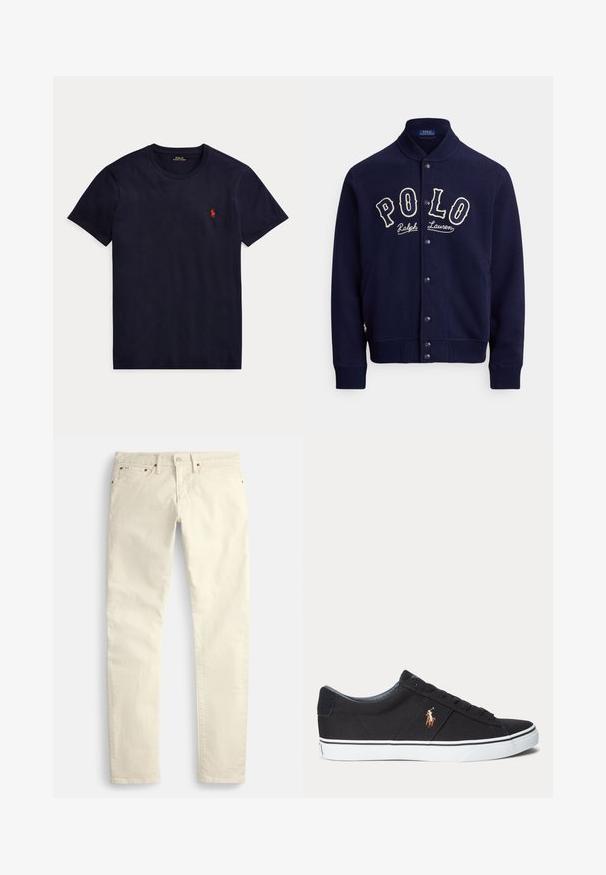 Mørkeblå sweatshirtjakke i et blødt stof med opretstående krave, frontknapper og kontrasterende hvidt broderet "POLO"-logo.; Marineblå t-shirt med korte ærmer og rund hals med lille rødt Polo Ralph Lauren-logo på venstre bryst.; Lysebeige bukser med lige ben lavet af et struktureret stof. Har fem lommer og brune metaldele. Ingen synlige mønstre eller accenter.; Sort lavtopet sneaker med hvid gummisål og broderet brunt hestelogo på siden.