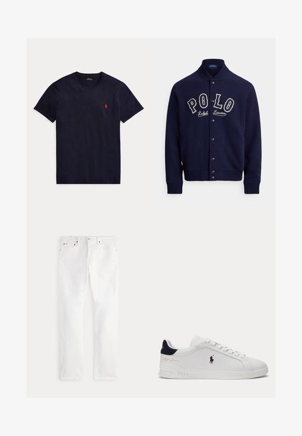Mørkeblå sweatshirtjakke i et blødt stof med opretstående krave, frontknapper og kontrasterende hvidt broderet "POLO"-logo.; Marineblå t-shirt med korte ærmer og rund hals med lille rødt Polo Ralph Lauren-logo på venstre bryst.; Hvide jeans med lige ben, fem-lomme-design og knaplukning, vist fladt på en neutral baggrund.; Hvid lavtstående sneaker med sort polo-spiller logo på siden, navy hælklap, hvide snørebånd og "Ralph Lauren" guldsignatur nær hælen