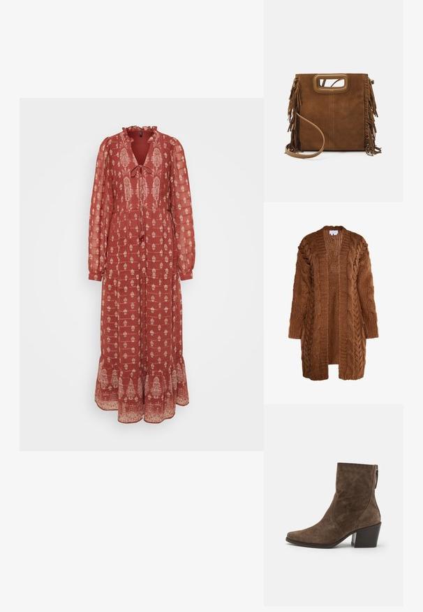 Cardigan en tricot marron présentant un design en gros tricot torsadé, des manches longues et un devant ouvert. La texture du tissu semble douce et confortable.; Robe rouge à manches longues avec un col froncé, un détail à nouer et un motif floral blanc. Ourlet évasé avec des accents décoratifs en bas.; Bottes à chevilles en suede marron avec un bout pointu, une fermeture éclair sur le côté et un talon épais. Présente une texture lisse et des détails de couture minimalistes.; Maje Sac à main - camel