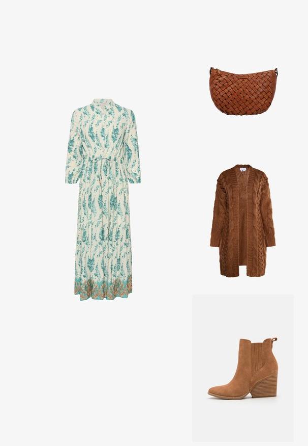 Brauner gestrickter Cardigan mit einem dicken Zopfmuster, langen Ärmeln und offenem Schnitt. Die Textur des Stoffes wirkt weich und gemütlich.; Langes, leichtes Kleid mit floralem Muster in Türkis und Weiß. Es hat einen hohen Ausschnitt, lange Ärmel und einen dekorativen goldenen Saum.; Braune Wildleder-Ankle-Boots mit spitzem Zehenbereich, gerippten Seitenpanelen und einem gestapelten Absatz. Verfügt über eine Schlaufe zum einfachen Anziehen.; Braune Leder-Umhängetasche mit gewebtem Muster und Reißverschluss oben, vor weißem Hintergrund gezeigt.