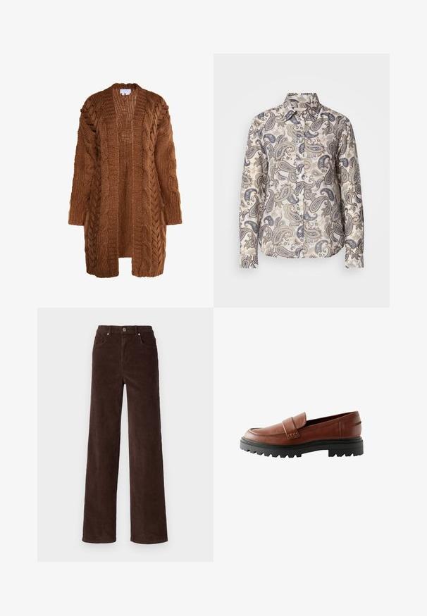 Brun strikket cardigan med et chunky kabelstrikdesign, lange ærmer og åben front. Stoftekstur fremstår blød og hyggelig.; Langærmet skjorte i let stof med et beige og blåt paisley-mønster, klassisk krave og knaplukning foran.; Vero Moda VMTESSA WIDE PANTS - Bukser - chocolate torte; Brune læder loafers med en forhøjet tåhætte, dekorativ rem og tekstureret sort gummisål med markant mønster.