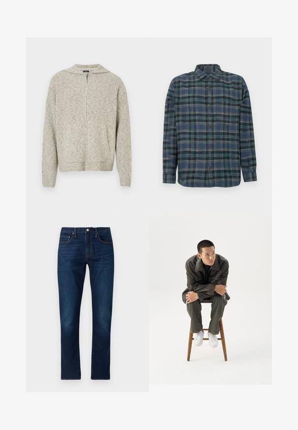 Pull en ribbed beige avec une poche frontale, col zippé mi-hauteur et design en maille texturée. Il présente des manches longues et une coupe décontractée.; Chemise en flanelle à boutons en bleu marine avec un motif à carreaux. Elle présente des manches longues, un col à pointes et une texture de tissu douce et légèrement brossée.; Jeans en denim bleu foncé avec une coupe droite. Les caractéristiques incluent des coutures contrastées, cinq poches et une fermeture à bouton à l'avant.; Jeune homme en veste en cuir foncée et jean, assis sur un tabouret en bois, penché en avant, les bras croisés, regardant sur le côté sur fond blanc.
