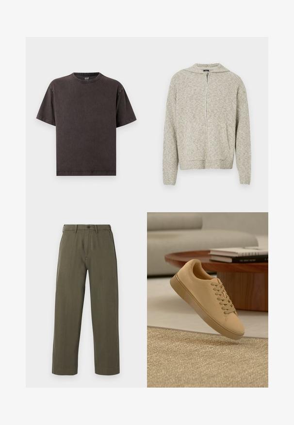 Pull en ribbed beige avec une poche frontale, col zippé mi-hauteur et design en maille texturée. Il présente des manches longues et une coupe décontractée.; T-shirt gris foncé à manches courtes avec col rond, coupe décontractée, coutures visibles et petit logo "GAP" sur le col intérieur.; Pantalon droit vert olive avec passants de ceinture, fermeture avant à boutons et poches latérales, présenté sur un fond blanc.; Baskets beiges à lacets flottant au-dessus d'un tapis texturé avec une table basse en bois et des livres empilés en arrière-plan flou.