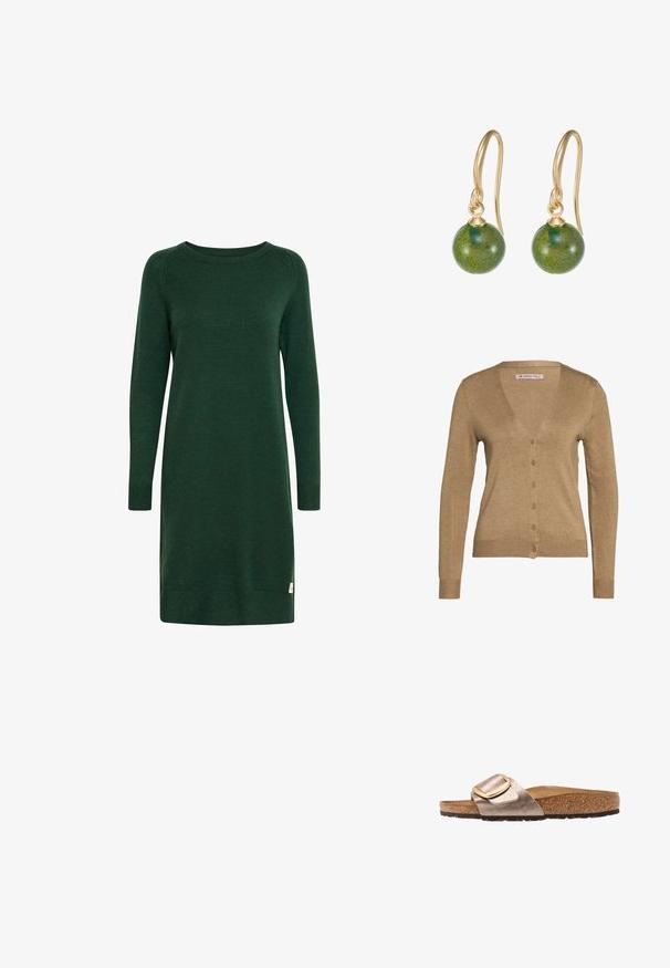 Cardigan marrón hecho de una tela suave, con cuello en V, mangas largas y seis botones frontales. Diseño simple con puños y dobladillo acanalados.; Vestido verde de punto con mangas largas, escote redondo y puños acanalados. Presenta una pequeña etiqueta con el logo cerca del dobladillo.; Birkenstock MADRID BIG BUCKLE - Sandalias - graceful taupe; Pendientes en tono dorado con cuentas redondas de piedra verde, textura suave, suspendidos de ganchos curvados, con un acabado brillante.