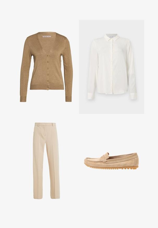 Cardigan marrón hecho de una tela suave, con cuello en V, mangas largas y seis botones frontales. Diseño simple con puños y dobladillo acanalados.; Blusa blanca de manga larga hecha de tejido suave, con un frente abotonado y cuello clásico, y un dobladillo y puños ligeramente curvados.; Pantalones beige ajustados, elaborados en una tela suave, con corte recto, bolsillos laterales y pliegues en la parte delantera.; Mocasines de ante beige con punta redondeada, con detalles de costura y suela de goma que presenta pequeños salientes para tracción. Vista lateral.