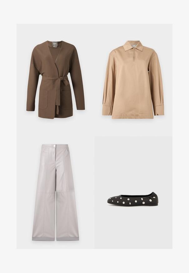 Brauner gerippter Strickcardigan mit langen Ärmeln, offenem Vorderteil, zwei Taschen und einem gebundenen Taillengürtel.; Beiges Langarmhemd mit spitzem Kragen, Ausschnitt mit Knopf und weitem Manschettenverschluss vor einfarbigem Hintergrund.; Weite Hosen aus hellgrauem Kunstleder mit einer Knopfverschlusser vorne, zwei Seitentaschen und Nahtdetails für zusätzliche Textur.; Schwarzer Ballettflachschuh mit elastischem Fersenband und verstreuten großen silbernen Rundnieten auf der Oberseite, seitlich auf weißem Hintergrund gezeigt.