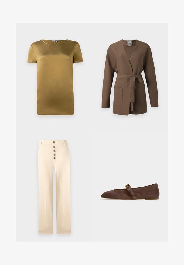 Brun ribstrikket cardigan med lange ærmer, åben foran, to lommer og et bindebælte i taljen.; Kortærmet top i olivengrønt satin med rund halsudskæring og en glat tekstur. Enkel design med lige snit og ingen udsmykninger.; Beige bukser med høj talje, fem dekorative runde brune knapper ned foran og lige, brede ben.; Brun ruskind flad sko med spids tå og guldbeslået rem på siden, vist i profil mod hvid baggrund.