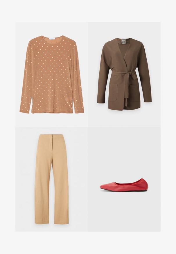 Brun ribstrikket cardigan med lange ærmer, åben foran, to lommer og et bindebælte i taljen.; Langærmet brun top med rund halsudskæring, prydet med sølvfarvede cirkulære paletter arrangeret i et prikket mønster.; Beige bukser med høj talje og vide ben med enkel front syning og skjult lukning, vist på en hvid baggrund.; Filippa K REY FLATS - Ballerinasko - bright red