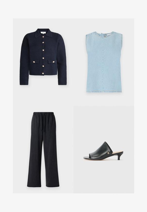 Mørkeblå tekstureret cardigan til kvinder med lange ærmer, en krave, perle-lignende knapper foran og to lommeklapper med matchende knapper.; Lyseblå denim uden ærmer med en rund halsudskæring, lige snit og en midtersøm. Stofret har en subtil tekstur og en afslappet finish.; Sorte, vide benbukser lavet af blødt stof med elastisk talje og snøre. Har en glat overflade og ingen synlige mønstre.; Sorte læder open-toe mules med en lav hæl. Har en glat overflade og et guld logo-prim på siden.
