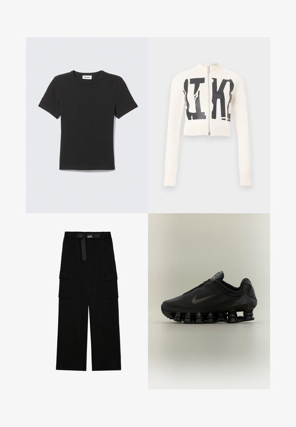Pull en maille blanc court avec de grosses lettres noires usées "ITK" sur le devant et une fermeture éclair centrale argentée.; T-shirt noir à manches courtes col rond posé à plat avec une petite étiquette blanche à l'intérieur du col sur un fond clair.; Pantalons cargo noirs avec une coupe large, taille élastique avec une ceinture, et deux grandes poches latérales pour le rangement.; Baskets Nike noires avec tige zippée et semelle segmentée distinctive en forme de ressort, présentées de profil sur un fond neutre.