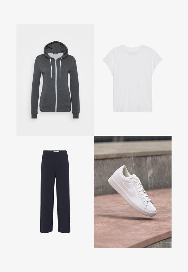 Hallitusest hall zip-up kapuutsiga, pehmest kangast, millel on valged nöörid ja kaks esist taskut. Sobivad mansetid ja ääred.; Valge lühikeste varrukatega T-särk ümmarguse kaelusega, lõdnema sobivusega, valmistatud pehmest puuvillakangasest. Sile tekstuur, ilma mustrite ja logodeta.; Tumed sinised laiad püksid, mis on valmistatud pehmest kangast, elastse vöökoha ja nähtamatute taskuteta või kaunistusteta.; Valge Nike madala säärega toss paeladega, mis ripub betoonist ääre kohal halli kivitausta taustal õues.