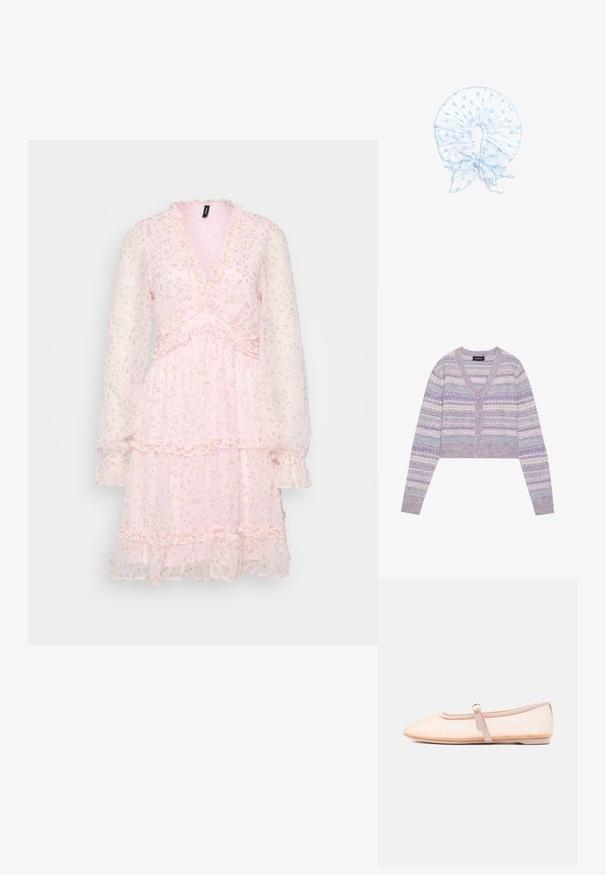 Afskåret lilla cardigan med V-hals, knaplukning og flerfarvede geometriske mønstre på ærmerne og kroppen. Blød tekstur.; Pink blomstret kjole med lange gennemsigtige ærmer, v-udskæring, flæse detaljer og lagdelt skørt. Lavet af letvægts, tætsiddende stof.; Lys beige flad sko med spidst tåparti og en enkelt rem med spænde på siden, vist på en ensfarvet hvid baggrund.; Lyseblåt polkaprikstofkrave med flæser og en bundet sløjfe foran, designet som et dekorativt halsaccessory.