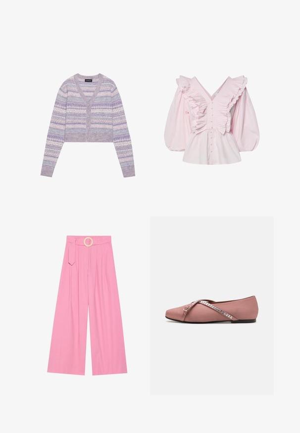 Cardigan court violet avec un décolleté en V, fermeture par boutons et motifs géométriques multicolores sur les manches et le corps. Texture douce.; Blouse en coton rose avec un décolleté en V profond, des détails froncés le long du corsage et des manches bouffantes volumineuses avec fermeture à boutons.; Pantalons larges rose à taille haute, dotés d'une ceinture avec une boucle en bois circulaire et de plis pour la texture.; Ballerines en satin rose doux avec un design à brides croisées ornées d'accents en argent carrés et un bout arrondi. Semelle noire basse.