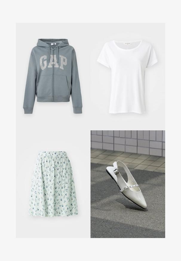 Sudadera con capucha gris con cremallera, bolsillos delanteros y capucha, con la palabra "GAP" en grandes pedrería blanca en el pecho.; Camiseta blanca de manga corta con un escote redondo, hecha de una tela suave, con un ajuste ligero y holgado, sin patrones o adornos visibles.; Falda floral con cintura elástica, hecha de tela ligera. Presenta una base verde menta con pequeños patrones florales azules y blancos en toda la prenda.; Zapato plano blanco con punta puntiaguda y diseño slingback con dos hebillas plateadas, mostrado al aire libre sobre un suelo texturizado y fondo de pared con azulejos.