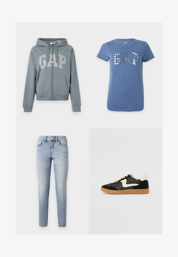 Grå hættetrøje med lynlås, frontlommer og hætte, med ordet "GAP" i store hvide rhinsten på brystet.; Blå T-shirt med korte ærmer med "GAP" i store bogstaver henover brystet, hver bogstav har et forskelligt blå-hvidt mønster.; Lysblå denim jeans med slim fit, der har et fem-lomme design, frontknaplukning og subtilt slid langs benene.; Sorte ruskinds- og lædersneakers med en cremefarvet side-swoosh og lys cremefarvet hæl. Har beige snørebånd og en gummirubber-sål.