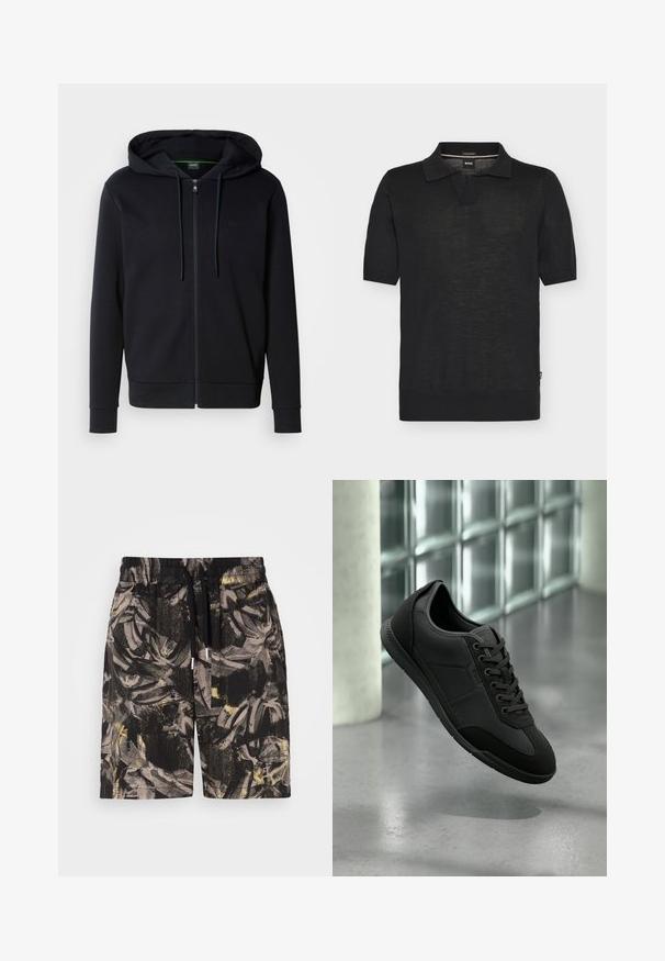 Sort lynlåshoodie lavet af blødt stof, med snøre i hætten, ribstrikkede ærmeafslutninger og kant samt et diskret logo på brystet.; Sort kortærmet poloshirt med krave, V-not-snit, ribstrikkede manchetter og kant samt en lille BOSS-label inde i kraven.; Sorte shorts med et iøjnefaldende, abstrakt bladmønster i grå og gule nuancer. Har en elastisk talje og snor til justerbar pasform.; Sort lavtopsneaker med snørebånd, mærket "BOSS", svævende mod en grå gulv- og glasblokvægsbaggrund.