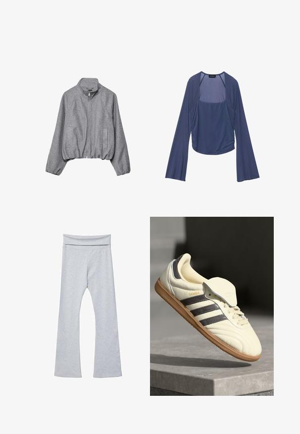 Sweat-shirt gris court en tissu doux, doté d'un col montant, d'une fermeture éclair à l'avant, de deux poches latérales et d'un ourlet élastiqué.; Haut à manches longues bleu marine avec décolleté carré, présentant des côtés froncés et un tissu lisse et texturé. Les manches évasées complètent le design.; Leggings grises évasés avec une large ceinture douce, fabriquées dans un tissu lisse et extensible. Présentent une coupe ajustée et une longueur cheville.; Baskets en cuir crème avec trois bandes sombres, une semelle extérieure en gomme marron et un bout arrondi. Présentent une languette pliable étiquetée "SAMBA."