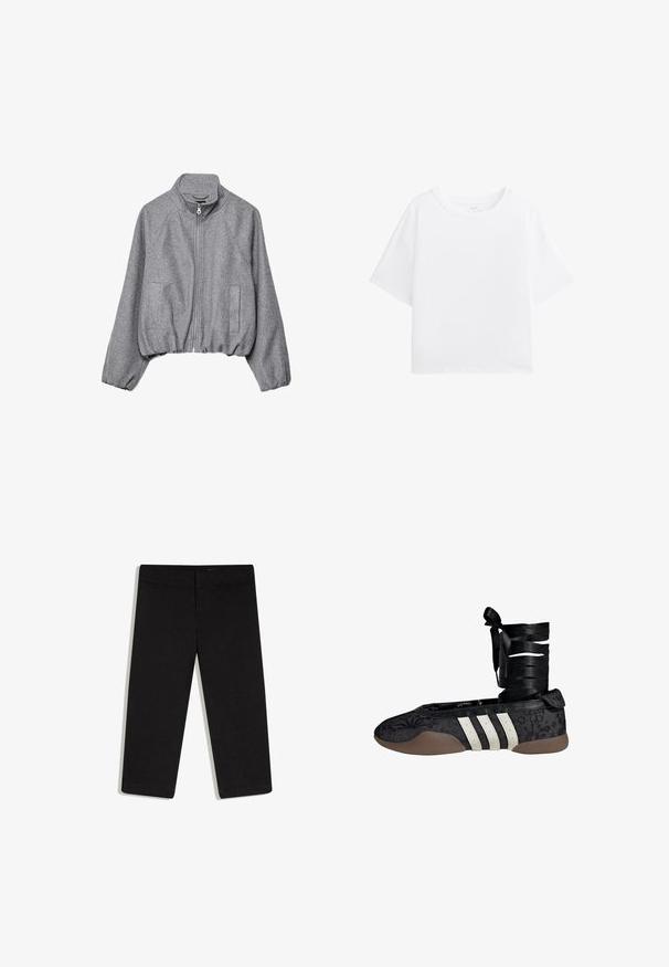 Sweat-shirt gris court en tissu doux, doté d'un col montant, d'une fermeture éclair à l'avant, de deux poches latérales et d'un ourlet élastiqué.; T-shirt blanche à manches courtes avec un col rond, fabriquée en tissu lisse. Coupe décontractée et design simple sans motifs ni détails supplémentaires.; Pantalon noir court à jambes droites, taille plate avec ceinture, sans poches visibles, présenté sur fond blanc.; Ballerine noire avec motif floral, design à trois bandes blanches, et un lien en tissu autour de la cheville. Matériau texturé et semelle souple marron.