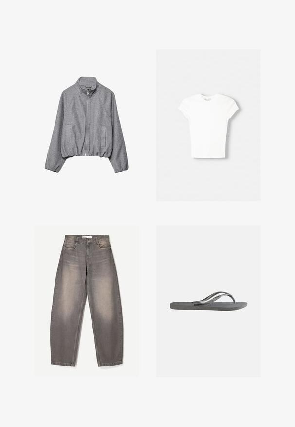 Grå cropped sweatshirt lavet af blødt stof, med høj krave, forreste lynlås, to sidelommer og elastisk kant.; Hvid kortærmet t-shirt lavet af blød bomuld, med rund halsudskæring og en tætsiddende form. Ingen synlige mønstre eller udsmykninger.; Bredde ben grå jeans lavet af denim, med subtil falmning, fem-lomme design, bæltestropper og en knaplukning i taljen.; Flad grå klip-klap sandal med tekstureret sål og tynde Y-formede stropper, vist fra siden mod en ensfarvet lys baggrund.