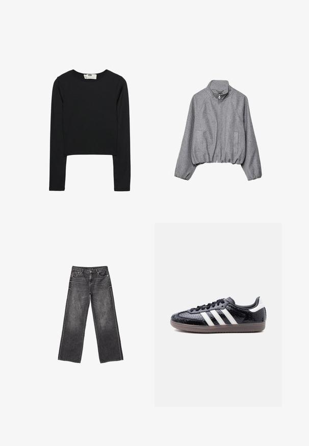Sivá krátka mikina vyrobená z mäkkej tkaniny, vybavená vysokým golierom, predným zipsom, dvoma bočnými vreckami a elastickým lemom.; Čierny crop top s dlhým rukávom vyrobený z ľahkej látky, s okrúhlym výstrihom a priliehavým strihom, s čistými švami a bez ozdôb.; Tmavošedé široké džíny z denimu s prednými a zadnými vreckami, zapínaním na gombík a jemným vyblednutím.; Nízky čierny teniska s textúrou pripomínajúcou hadiu kožu, bielymi pruhmi na boku, čiernymi šnúrkami a priehľadnou hnedou podrážkou.