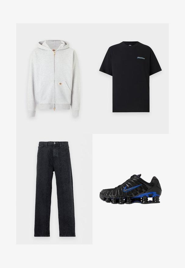 Helehall zip-up dressipluus kuldse luku, ees taskute ning vasaku tasku ja kaela sisemise osa väikese ristküliku kujulise logoga.; Must lühikeste varrukatega ümmarguse kraega T-särk, mille vasakul rinnal on väike mitmevärviline "Dickies" logo, taust on üksluiselt ühevärviline.; Mustad sirgete säärtega teksapüksid peene tumeda loomamustriga, nupu ja tõmblukuga kinnituse ning eesmistel taskutega, valgel taustal kuvatud.; Mustmust mustreketega on võrgust pealmine osa ja läikivad aktsendid. Omab sinist sisselõiget, pehmet kaelust ning silmapaistvat musta kummist tallat, kus on nähtav pehmendus.