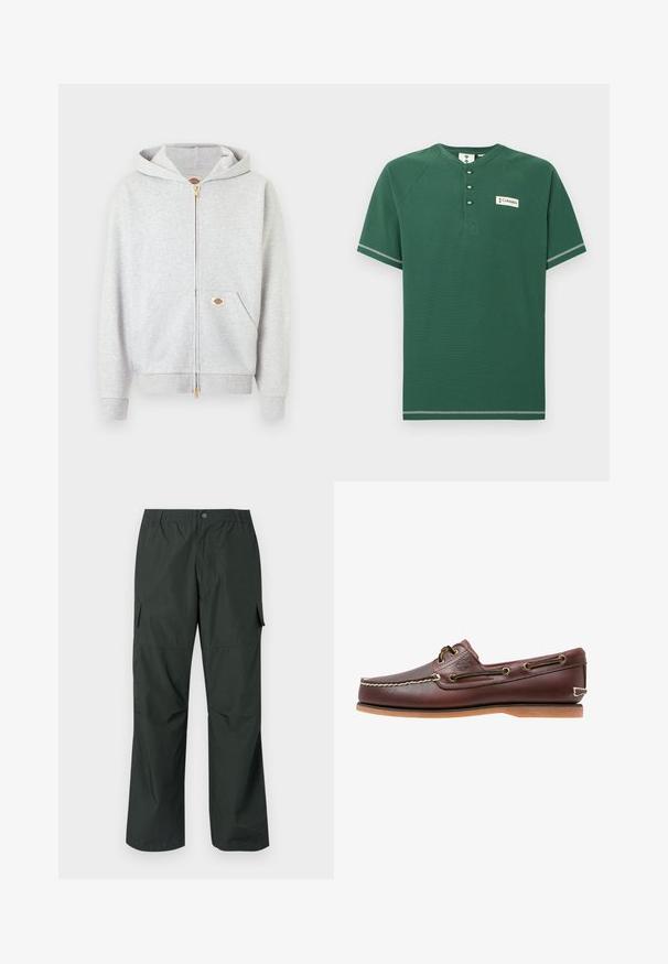 Lysegrå hættetrøje med lynlås, guld lynlås, frontlommer og lille rektangulært logo på den venstre lomme og indersiden af halsen.; Grøn kortærmet Henley-shirt med tre knapper, kontrastsyning på ærmer og kant samt en lille Columbia-logo lap på brystet.; Mørkegrøn cargo bukser med en afslappet pasform, elastisk talje, sydde lommer og en glat, let stofstruktur.; Brun læder bådsko med hvide sømme, snøre detaljer og lysbrun gummisål, vist fra siden på hvid baggrund.