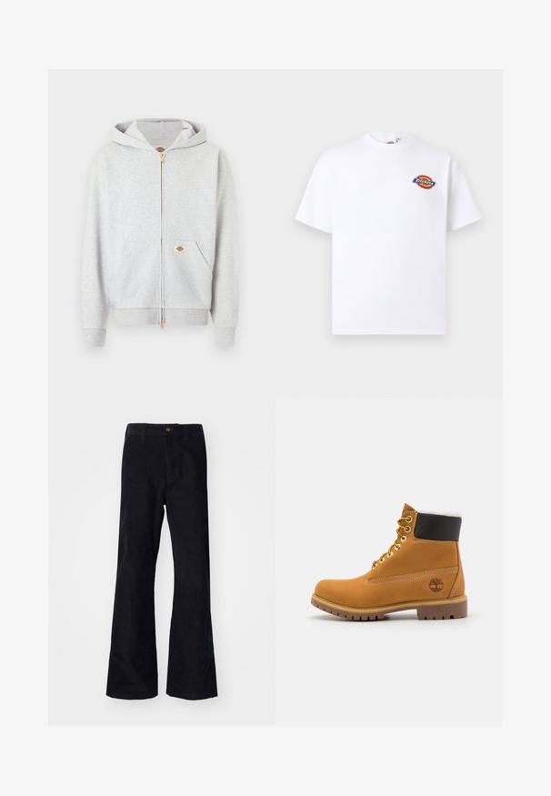 Lysegrå hættetrøje med lynlås, guld lynlås, frontlommer og lille rektangulært logo på den venstre lomme og indersiden af halsen.; Hvid t-shirt med korte ærmer med lille farverigt Dickies-logo på venstre bryst og rund halsudskæring.; Sorte, bomuldsforlængede bukser med en traditionel linning, enkelt forreste knap og lommer på siderne og bagpå. Glat tekstur.; Brune læder ankelstøvle med metaløjer, hvid pelsforing, sort polstret krave, robust sål og præget logo på siden.