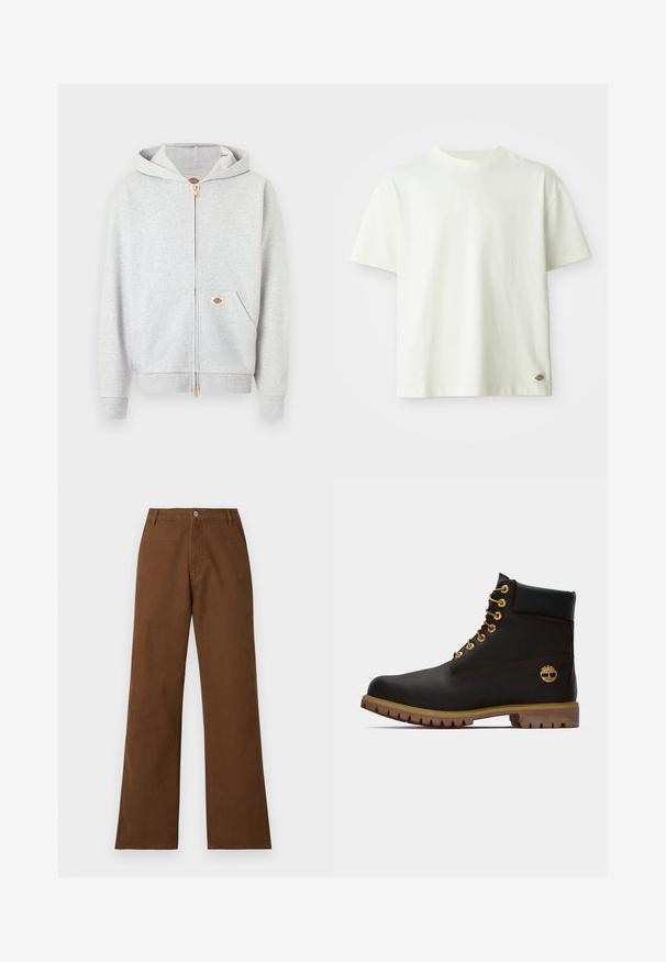 Hellgrauer Kapuzenpullover mit Reißverschluss in Gold, Fronttaschen und kleinem rechteckigem Logo-Patch auf der linken Tasche und im Nackenbereich innen.; Weißes Baumwoll-T-Shirt mit Rundhalsausschnitt, kurzen Ärmeln und lässiger Passform. Verfügt über ein kleines Logotag an der unteren Seite. Glatte Textur.; Braune Baumwollhosen mit gerader Beinform, Knopfverschluss und zwei Vorderaschen. Glatte Textur ohne sichtbare Muster oder Verzierungen.; Schwarze Leder-Ankle-Boots mit goldenen Ösen, braunen Akzenten und einer Gummisohle. Verfügt über einen gepolsterten Schaft und ein geprägtes Logo an der Seite.