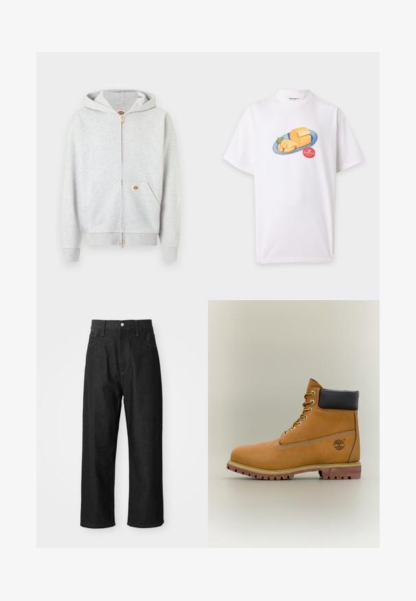 Lichtgrijze zip-up hoodie met gouden ritssluiting, zakken aan de voorkant en een kleine rechthoekige logo patch op de linker zak en aan de binnenkant van de nek.; Witte T-shirt met korte mouwen met een afbeelding van een blauw bord met kaas en een takje groene kruiden, plus een rode ronde sticker onder het bord.; Zwarte denim broek met een relaxte pasvorm, hoge taille, ritssluiting en vijf-pocket ontwerp. Duidelijke stiksels als accent door het hele ontwerp.; Bruine leren enkellaars met zwarte kraag, gele veters en een zandkleurige zool. Voorzien van een logo en witte stikseldetails. Robuuste loopzool met grip.