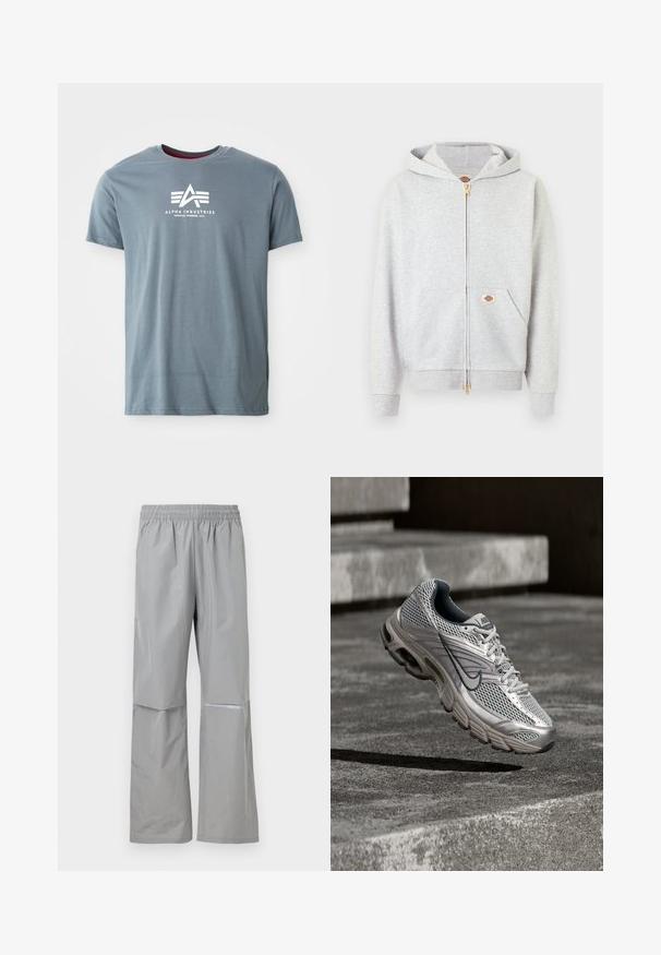 Lysegrå hættetrøje med lynlås, guld lynlås, frontlommer og lille rektangulært logo på den venstre lomme og indersiden af halsen.; Grå bomulds t-shirt med rund halsudskæring og korte ærmer. Forsiden viser et hvidt logo med trekantet design og tekst.; Lysegrå vandtætte regnbukser med elastisk talje og refleksstribe på højre ben, designet til udendørs brug.; Sølv- og grå Nike-løbesko svævende i luften over betontrin, der viser detaljer af netmaterialet øverst og den polstrede sål.