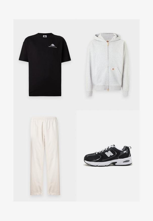 Sweat à capuche gris clair à fermeture éclair dorée, avec poches avant et petit patch logo rectangulaire sur la poche gauche et à l'intérieur du col.; T-shirt noire à manches courtes avec col rond, petit logo blanc Kappa et texte "Fondato in Italia" sur le haut gauche de la poitrine.; Pantalon beige clair avec une taille élastique, coupe droite, et une texture lisse en coton. Style simple, sans ornement.; Baskets de sport noires et grises avec un tige en mesh et en suède, présentant une semelle intermédiaire blanche, des lacets et un logo "N" audacieux sur le côté.