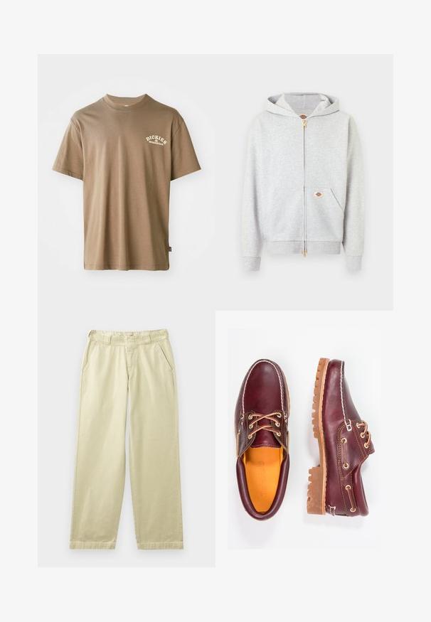 Hellgrauer Kapuzenpullover mit Reißverschluss in Gold, Fronttaschen und kleinem rechteckigem Logo-Patch auf der linken Tasche und im Nackenbereich innen.; Braunes Baumwoll-T-Shirt mit Rundhalsausschnitt, kurzem Arm und einem weißen Logo mit der Aufschrift "Dickies Workwear" auf der linken Brustseite.; Beige Baumwollhosen mit lockerem Schnitt, ausgestattet mit Seitentaschen, Gürtelschlaufen und geraden Beinen. Glatte Textur mit minimalen Nahtdetails.; Bordeauxfarbene Lederschuhe mit braunen Gummisohlen, runder Zehenform, weißen Nähten und goldenen Ösen. Das Innenfutter weist eine gelbe Beschichtung auf.