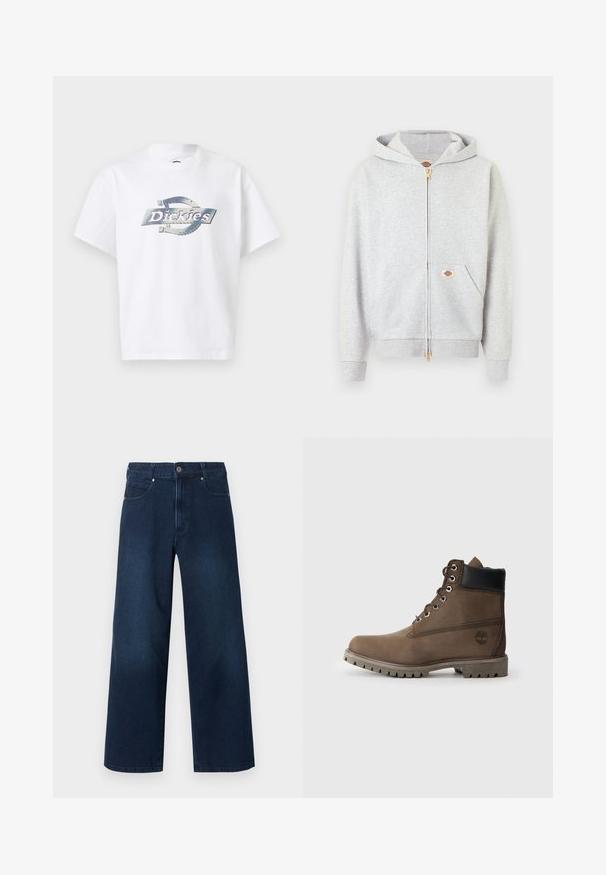 Sweat à capuche gris clair à fermeture éclair dorée, avec poches avant et petit patch logo rectangulaire sur la poche gauche et à l'intérieur du col.; T-shirt blanc à manches courtes avec un logo "Dickies" argent métallique centré sur la poitrine sur un fond uni.; Jean denim bleu foncé à jambes larges avec fermeture avant à bouton et zip, poches avant et arrière, présenté sur fond blanc.; Bottines en cuir marron avec un col noir, œillets en métal et semelle grise robuste. Comprend un logo sur le côté et des détails cousus.