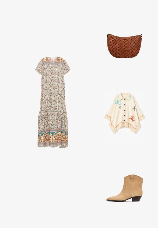 Kremfarvet poncho med sorte knapper, frynsekant, turkise hestesko, grøn stjerne med "NFP," sort sløjfe og orange cowboy på hest broderi.; Blomstrete maxikjole med en kremfarget bakgrunn, fargerike blomster mønstre, korte ermer, rund halslinje og volangkant.; Beige ruskinds ankelstøvle med spids tå og subtil bølget detaljering, med en lav træsko hæl og en pull-tab bagpå.; Brun læder crossbody taske med vævet mønster og lynlåslukning, afrundet rektangulær form og små metalringe på hver side.