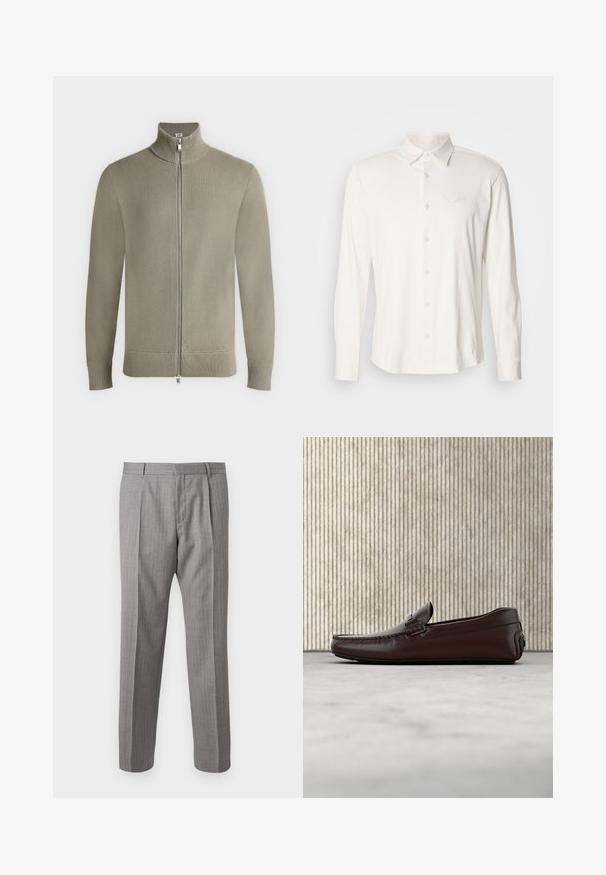 Beige strikket trøje med fuld lynlås, høj krave, ribkanter ved ærmer og bund, vist fladt mod en hvid baggrund.; Langærmet hvid skjorte lavet af blødt stof med knappet krave og broderet logo på brystet. Glat tekstur, klassisk design.; Grå, stribede bukser med skræddersyet pasform, der har foranfald, bæltestropper og en glat struktur. Lige ben design, rene manchetter.; Brune lædersandaler med en glat overflade, mokkasin-lignende syninger, hævet tå og en lav, fleksibel gummisål.