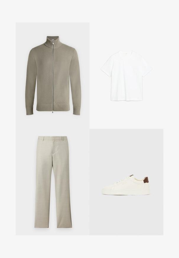 Pull en tricot beige à fermeture éclair intégrale, col montant, poignets et ourlet côtelés, présenté à plat sur fond blanc.; T-shirt en coton blanc avec des manches courtes, col rond, coupe droite. Texture lisse, sans motifs ni accents visibles. Design simple et minimal.; Pantalon droit couleur beige clair avec passants pour ceinture, fermeture éclair frontale et texture subtile sur fond blanc.; Baskets blanches basses avec lacets crème, une languette de talon marron et le logo "GANT" doré sur le côté, présentées de profil sur un fond uni.