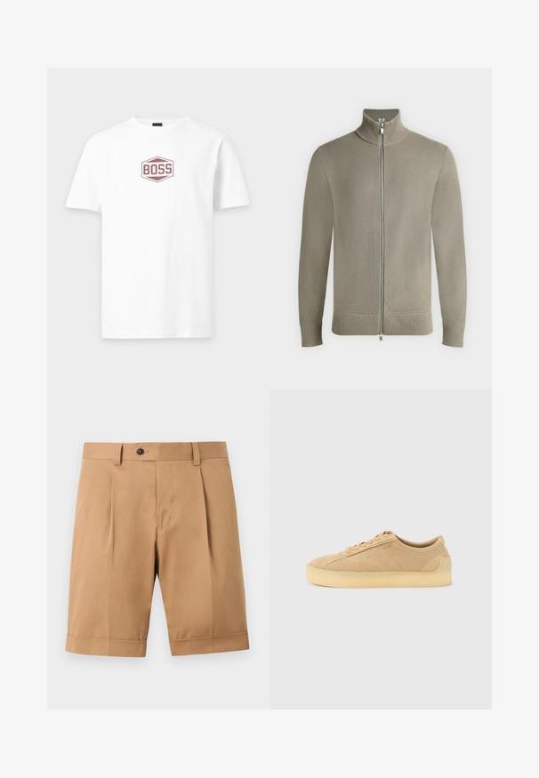 Pull en tricot beige à fermeture éclair intégrale, col montant, poignets et ourlet côtelés, présenté à plat sur fond blanc.; T-shirt blanc à manches courtes avec col rond, doté d'un logo hexagonal bordeaux centré avec le mot "BOSS" sur la poitrine.; Shorts sur mesure couleur beige jusqu’au genou, avec plis à l’avant, fermeture par boutons, passants de ceinture et revers aux ourlets sur fond uni.; Baskets basses en daim beige avec semelle épaisse en gomme, fermeture à lacets à l'avant, et logo discret sur le côté, sur un fond uni gris clair.